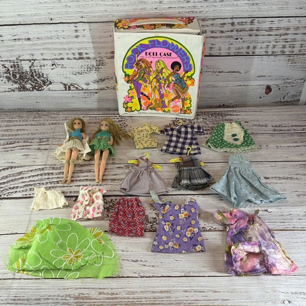 Mattel Rock Flowers Doll Case 1970 Vintage + 2 Topper Dawn Figures & Clothing